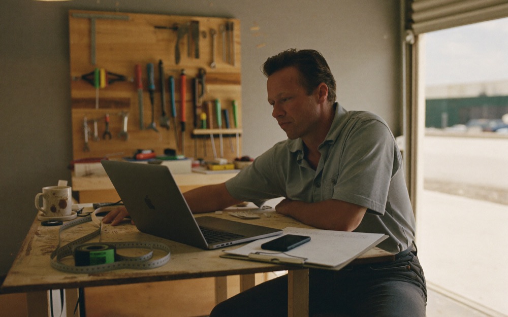 A contractor at his workbench, looking at his website on a laptop
